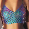 Anelli con bottoni a campana per ombelico Paillettes rotonde Abiti da donna Halter Scollo a V Camis senza schienale Scava fuori Cover Up Bikini Crop Top Mini gonne lucide Set di catene per il corpo 230703