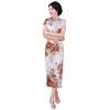 Odzież etniczna Shanghai Story długa Qipao satynowa cheongsam chińska tradycyjna sukienka z krótkim rękawem sztuczny jedwab