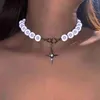 2021 Corea diseño único cuentas luminosas perla costura collar gargantilla Cruz colgante clavícula cadena moda dulce fiesta joyería L230704