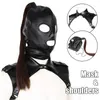 Latex Unisex Kap Masker Sexy PU Lederen Maskers Mannen Vrouwen Cosplay Flirten Haar Paardenstaart Borst Riem Hoofddeksels Sexy Cosplay accessoire L230704