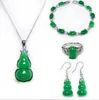 Cute little gourd green Malay jade 925 silver pendant necklace ring Bracelet earrings set 4 piece jewelry set