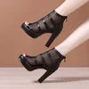 2022 Peep Toe Sandal Boots Mesh Summer Heels Women's High Heeled Platform Shoes Hollow Out Square Heel Back Zip Black L230704