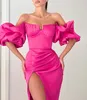 Fashion Rosy Pink Prom Dresses Strapless Puffy Sleeves Evening Gowns Pleats Slit Formal Red Carpet Long Special Ocn Party Dress