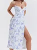 Vestidos casuais CHRONSTYLE verão floral estampado para mulheres 2023 boho decote em v renda retalhos longos vintage vestidos de fada com divisão alta