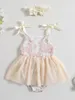 Girl Dresses Baby Girls Lace Floral Print Romper Dress Sleeveless Bodysuit Summer Princess Clothes With Bowknot Headband Set