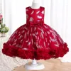 Vestidos para meninas de 4 a 12 anos Vestido princesa Lantejoulas Estampa de penas Festa de aniversário infantil Banquete sem mangas Bolo de tule