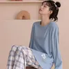 Vêtements de nuit pour femmes 2 pièces ensemble de pyjamas pyjama à carreaux Polyester coton à manches longues et pantalon pyjama costume pour femmes Homewear