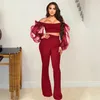 Tvådelade byxor för kvinnor WUHE Elegant Organza Patchwork Set Sexig Off Shoulder Sheer Mesh Puffärm Crop Top Slim Club Outfits Kostymer