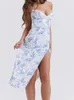 Vestidos casuais CHRONSTYLE verão floral estampado para mulheres 2023 boho decote em v renda retalhos longos vintage vestidos de fada com divisão alta
