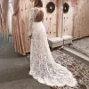 Boho Dantel Elbiseler Uzun Kollu Seksi Sırtsız Bir Çizgi Mücevher Boyun Süpürme Tren Beach Country Wownown Artı Boyut Boyut Vestido De Novia