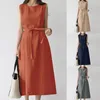 Casual Dresses Women Cocktail Party Dress Round Neck Cotton Linen Tank Top Belted Elegant Simple Solid Color Midi Vestidos