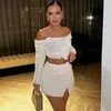 Two Piece Dress Long Sleeve Skew Collar Solid Elegant Women Sexy Crop Top Slit Skirts 2 Sets Fashion Slim Evening Party Outfits 283 230703