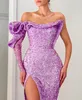 Moda Lavanda Lantejoulas Vestidos de Baile Um Ombro Mangas Compridas Vestidos de Noite Pregas Fenda Formal Tapete Vermelho Longo Vestido de festa para ocasiões especiais