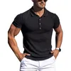 Men s T Shirts Summer Solid Color Turn Down Collar Button Oversized T shirt Short Sleeved Stripe Fitness Yoga Top 230704