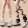 Women Socks Lolita Cross Bandage Crew Japanese Anime Ribbon Strap Ankle Lace-Up Ruffled Trim Bowknot Cotton Hosiery