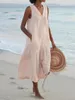 Casual Dresses Summer Female Solid Cotton Dress Pocket V Neck Sleeveless Linen Shirt Women Loose Waist Single-breasted Beach