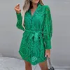 Casual Jurken Elegante Vrouwen Borduren Feestjurk Boho Lace Up Shirt Voor Mode Effen Turn Down Kraag Mini