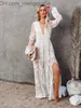 Women's Swimwear Women's Swimwear EDOLYNSA Long White Tunic Bikini Cover-ups Sexy Deep V-neck Slip Maxi Dress Summer Clothes Women Swimsuit Cover Up A1265 Z230704