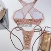 Damen-Bademode, Damen-Bikini-Set aus Fax-Leder, goldfarben, mit Pailletten, gepolsterter BH, Bügelfalte, Bandeau-Badeanzug, glitzernde Strand-Bademode, Splitter-Halter-Badeanzug, J230704