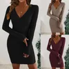 Vestidos casuais Sexy Club Vestido sem mangas Bodycon para mulheres Manga comprida Camisola preta de malha Mini robe feminino Femme Winter