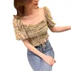 Women's Blouses Women Crop Top Flower Print Square Neck Short Sleeves Pleated Elastic Vintage Bubble Chiffon Shirt Summer