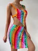 Tvådelt klänning Rainbow Sequins Sexiga kvinnor 2 uppsättningar Se genom backless Crop Top Split Mini Kirt Club Party Beach Rave Festival Outfits 230630