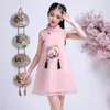 Ropa étnica Verano Niños Sin mangas Cheongsam Vestidos cortos Princesa Hilo Falda Niñas Cumpleaños Rosa Vintage Vestido chino Qipao