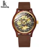 Horloges IK Coloring Heren Hout Luxe Gouden Skelet Mechanische Houten Kast Leren Band Automatische Mannelijke Pols Dropshipping 0703