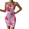 Casual Dresses Knitted Dress Y2k Aesthetic Women Floral Print Spaghetti Strap Sleeveless Bodycon Cocktail Beach Streetwear