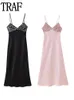 Basic Casual Dresses TRAF Black Sequin Dress Satin Dress Woman Off Shoulder Glitter Slip Dress Women Backless Sexy Pink Long Elegant Evening Dresses 230704