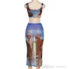 High Waist Split Long Dress Set For Women 2023 New Summer Fashion Digital Printing Sexy Low Cut Skirt Suit