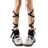 Women Socks Lolita Cross Bandage Crew Japanese Anime Ribbon Strap Ankle Lace-Up Ruffled Trim Bowknot Cotton Hosiery