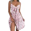 Vestidos casuais para mulheres vestido com decote em V decoração com laço para verão oco babado bainha fluida tipoia com estampa de folhas florais sem costas nas costas