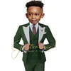 Костюмы темно-зеленый костюм для мальчиков Формальная вечеринка для вечеринки жилет 3-16-летний серебряный отворотный лацлен Свадебный смокинг детского пиджака Ребенок Sethkd230704
