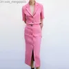 Skirts Women Midi Skirt Tweed Textured Pink Buttoned Za Vintage High Waist Front Slit s Chic Back Zip Z230704