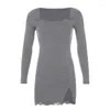 Casual Kleider Rapcopter Y2K Spitze Mini Kleid Saum Split Gestrickte Bodycon Volle Hülse Grundlegende Nette Baumwolle Frauen Retro Tuch 2023