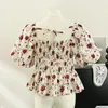 Women's Blouses Womens Tops And Cherry Printed Square Collar Blusas Femininas Lace-up Puff-sleeve Blouse Peplum Korean Fashion Dropship