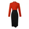 Vestidos casuais outono inverno elegante para mulheres 2023 escritório senhora OL midi vestido vermelho preto com painéis decote em v manga comprida manga comprida robe de negócios fino