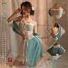 Ethnic Clothing Halter Bellyband Women Sexy Lingerie Chinese Hanfu Cheongsam Mesh See Through Tempatation Sleepwear Blossom Long Robe