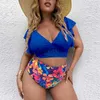 Roupa de banho feminina plus size biquíni cintura alta babados conjunto de biquíni sexy babado roupa de banho feminina duas peças roupa de banho floral decote em v morcego j230704