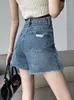 Pantalones cortos de mujer FTLZZ Verano Vintage Agujero Denim Mujer Moda Cintura alta Pierna ancha Señora Casual Botones Bolsillos Jean