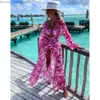 Dambadkläder Dambadkläder Dambaddräkt Cover Up Långärmad Kaftan Beach Tunikaklänning Robe De Plage Tryck Chiffong Pareo Strandkläder med hög krage Z230704