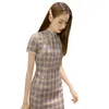 Abbigliamento etnico Cheongsam scozzese viola Stile moderno migliorato Abito da ragazza giovane con temperamento letterario retrò corto e aderente