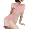 Etnische Kleding Chinese Traditionele Jurk Vrouwen Zwart Roze Cheongsam Vintage Qipao Meisje Fluwelen Babydoll Lingerie Met T-back Slipje