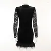 Casual Dresses Lace See Through Women Sexy Dress Patchwork Feather Female Fall Bodycon Mini Evening Dinner Party Y2K Ladies