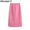 Skirts Women Midi Skirt Tweed Textured Pink Buttoned Za Vintage High Waist Front Slit s Chic Back Zip Z230704