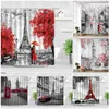 Number Vintage Paris Tower Shower Curtain Romantic Lovers London Big Ben Red Telephone Booth Bathroom Curtains Oil Painting Art Decor