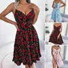 Vestidos casuais para mulheres vestido com decote em V decoração com laço para verão oco babado bainha fluida tipoia com estampa de folhas florais sem costas nas costas