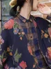 Women's Blouses QPFJQD Female Retro Printed Floral Spring Autumn Cotton Open Stitch Women Long Sleeve Loose Navy Blue Shirts 2023