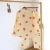 Conjunto de pijama feminino com estampa de abóbora – calças de manga comprida de algodão com cardigã fino de gaze de camada dupla para uso doméstico confortável